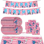 Pink Stitch Party Födelsedagstillbehör, Cartoon Stitch Theme Party Bords med Grattis på födelsedagen banner, bordsduk, 20 engångs 7" papperstallrikar