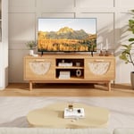 Meuble tv jusqu'à 55' Table Console Multimédia Moderne Etagères Ouvertes Tiroirs Tissés en Bambou Centre de Divertissement Blanc et Naturel Maison