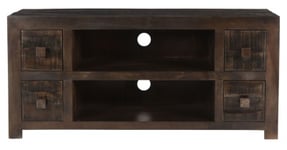 Clearance - Dakota Mango Wood TV Unit, Indian Dark Walnut Rustic Finish, Large Cabinet 120cm, Stand Upto 43in Plasma TV