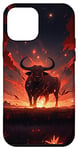 Coque pour iPhone 12 mini Bull bison rouge vif coucher de soleil, étoiles de nuit lune fleurs #4