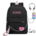 Ryggsäck Student Skolväska Utomhus Rese Ryggsäck Sportväska Chain Black Pink heart BLACKPINK 16-inch