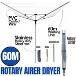 FOLDABLE ROTARY AIRER 4 ARM 60M OUTDOOR CLOTHES GARDEN WASHING LINE DRYER SPIKE