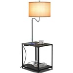 Costway - Lampadaire sur Pied Salon avec Table d'Appoint 2 Port usb et Bras de Lampe Rotatif à 360°, Lampe Salon sur Pied 144 cm avec 2 Étagères