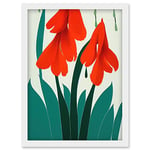 Wee Blue Coo Modern Abstract Crimson Red Bloom Wild Flowers Teal Leaves on White Artwork Framed Wall Art Print A4