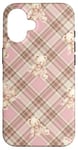 Coque pour iPhone 16 Adorable ours en peluche Coquette Rose Plaid doux Fille Vintage