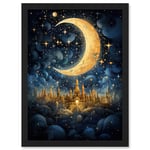 Artery8 Golden City in the Clouds Surreal Artwork Blue Gold Crescent Moon Starry Night Fairytale Artwork Framed Wall Art Print A4