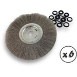 Lot de 6 brosses circulaires inox ø 300 mm Epaisseur 1 rang Fil dur 0.30 mm ondulé Alésage 32 mm + réducteur bague 25/22/20/16/12 mm Touret affûteuse