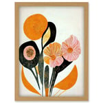 Abstract Painting Linocut Style Flowers In Autumn Pastel Pink Brown And Orange Artwork Framed Wall Art Print A4