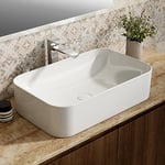 EMKE Lavabo à Poser Rectangulaire 61 × 38 × 15 cm, Lavabo pour WC Invités, Bassin à poser en céramique pour lavabo, lavabo de salle de bain,Blanc