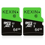 KEXIN Carte Micro SD 64Go 2 Pièces Contient Adaptateur SD, Carte Mémoire MicroSDXC UHS-I U1 C10 Carte TF 64 Giga Applicable pour Appareil Photo de Sport, Système de Surveillance, Switch Pro, Dash Cam