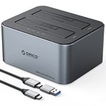 ORICO Hard Drive Docking Station with Offline Clone, Aluminum Dual Bay USB C to SATA HDD Docking Stations with UASP for 2.5 or 3.5 Inch HDD with 12V 3A Power Supply, 36TB Support, Gray (6626C3-C)