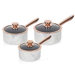 Tower T800061WR 3 Piece Saucepan Set with Infinistone Non-Stick, Tempered Glass Lids, Stainless Steel Handles, 16/18/20 cm, White Marble and Rose Gold, 3 Piece Set