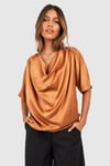 Satin Cowl Neck Short Sleeve Blouse