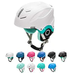 Casque de Ski Snowboard Sport Helmet Homme Femme avec Ceinture Ajustées d'hiver Fentes d'Aération Mentonnière Rembourrée Clip à Masque de Ski (S 53-55 cm, Blanc/Menthe)