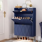 Armoire à Chaussure Inclinable, Meuble à Chaussures pour 16 Paires, 3 Compartiments (2 Rangements Chaussure+1 Étagère Caché) (Bleu Marine, 80 x 24 x