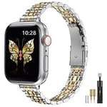 MioHHR Slim Straps Compatible with Apple Watch Strap 42mm(Series 3/2/1) 44mm 45mm 46mm 49mm,Thin Stainless Steel Metal Chain Band for Women iWatch Straps Ultra 2 1 Series 10 9 8 7 6 5 4 SE,Silver/Gold