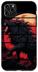 Coque pour iPhone 11 Pro Max Lion noir rétro rugissant nuit de lune rouge, gardiens de zoo, anime