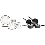 Amazon Basics Café Service de table 16 pièces pour 4 personnes Motif rayures - Noir + Amazon Basics Ensemble de batterie de cuisine 5 éléments anti-adhésifs avec couvercles, pour plaques à induction