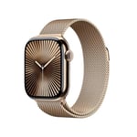 Apple Watch Series 10 (GPS + Cellular 42 mm) Smartwatch mit Titangehäuse in Gold und Milanaise Armband in Gold (One Size). Fitnesstracker, EKG App, Always-on Retina Display, CO₂ Neutral