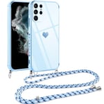 Vauki Coque pour Samsung Galaxy S22 Ultra 5G avec Cordon, Silicone Motif Coeur d'amour Mignon Étui Bumper Protection de Collier Lanyard avec Chaîne Case pour Samsung S22 Ultra 5G, Bandoulière-Bleu