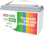 Redodo Batterie Lithium 12V 100Ah,Batterie LiFePO4 Rechargeable,BMS 100A Intégré,4000-15000 Cycles Profond, pour Caravanes, Bateaux, Camping-Cars, Maison Solaire, Hors-Réseau