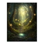 Artery8 Enchanted Forest Path Oil Painting Fantasy Landscape Fairy Land Lanterns Moss Covered Trees Colourful Magical Nature Mystical Modern Extra Large XL Wall Art Poster Print