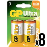 8x GP Ultra Alkaline Batteries Size D LR20 1.5v for Toys Controllers Radios