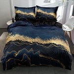 Housse de Couette 200x200 Bleu Noir Doré Marbre Motif Adulte 2 Personnes Marbre Parure de lit 3 Pieces Microfibre Ensemble Literie Modern Géométrique Linge de Lit et 2x 65x65cm Taies d'oreiller