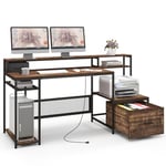 GIANTEX Bureau d'ordinateur avec support d'écran - 170 cm de long - Avec station d'alimentation intégrée et tiroir à documents - Station de travail à domicile avec compartiments de rangement - Bureau