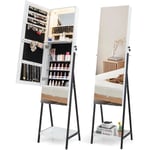 Armoire à Bijoux sur Pied-Miroir Pleine Longueur-Lumières led 3 Couleurs-Verrouillable-Étagère de Maquillage Pliable Blanc - Goplus