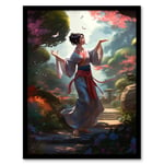 Geisha Performing in Tranquil Garden Painting Graceful Traditional Dance in Spring Bloom Flowers Art Print Framed Poster Wall Decor