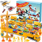 iZoeL Calendrier de l'Avent Voiture 2024 Calendrier de l Avent Garcon Enfant, 24 Véhicules à Tirer Comme, avec Carte du Jeu - Grue Véhicules de Construction Lorry Voitures de Course Hélicoptère