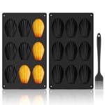 GlasFlength Moule Madeleine Silicone, Lot de 2 Moule a Madeleine 9 Cavités Moule Antiadhésif en Forme de Coquille avec Brosse en Silicone pour Biscuits Chocolat Bonbons Pudding Gâteau (Noir)