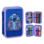 Trousse à crayons 3 compartiments Stitch - Blue - 12,5 x 4,5 x 19,5 cm - Fabriqué en polyester et PVC - Fermeture à glissière - Accessoires inclus - Produit original conçu en Espagne