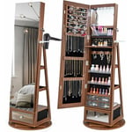 Armoire à Bijoux avec Miroir sur Pieds, Pivotant 360°, Miroir Psyché sans Cadre, Lumières led, Verrouillable, Support pour Sèche-Cheveux, 3 Étagères