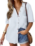 HOTOUCH Casual Blouses for Women Short Sleeve Shirt V-Neck Shackets Jacket Business Button Down Shirt Coat with Pockets White L