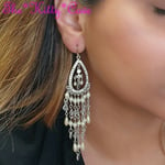 Elegant Silver Sparkling Swarovski Crystal & Pearl Chandelier Teardrop Earrings