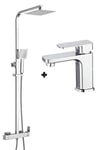 Ensemble colonne de douche monocommande qui plus robinet de lavabo CHE Tuyau extensible extra-plat réglable en hauteur de 73 à 122 cm. Chrome brillant