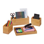 relaxdays Organiseur de bureau, lot de 4, porte-stylo, rangement en bambou, pot à crayon, pour ustensiles, nature