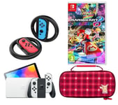 Nintendo Switch Neon Red & Blue, Mario Kart 8 Deluxe, Minecraft & Pikachu Plaid Case Bundle, Red,Blue