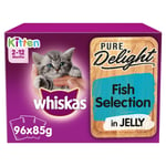 96 X 85g Whiskas Pure Delight 2-12 Month Kitten Food Pouches Mixed Fish In Jelly