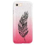 Coque Iphone 7 et 8 et SE 2020 paillettes rose tie plumes noir