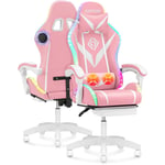 Maerex - Chaise gaming massante avec led rgb et haut-parleur bluetooth, Chaise de jeu bureau avec Repose-pieds et Support Lombaire - rose et blanc