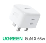 UGREEN USB C Charger 65W Plug 2-Port GaN Type C Fast Wall Power Adapter UK Plug