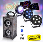 Mini-Colonne sur batterie 12W USB/SD/AUX/BLUETOOTH/FM - PARIS + Pack de 3 jeux de lumière à led - Astro RGB, PAR Stroboscope