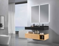 Meuble de salle de bain double vasque 150cm bois et noir avec miroir LED à luminosité variable LB-8470-150 LuxuryBain-