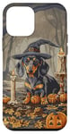 iPhone 12 mini Funny Blue and Tan Dachshund Dog Witch Hat Halloween Men Case