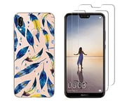 NOVAGO Compatible avec Huawei P20 Lite-Pack de 2 Films Protection écran en Verre trempé +1 Coque Résistante et Solide Anti Choc (1 Coque +2 Films, Plume Bleue)