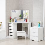 Corner vanity desk White Wood Makeup Desk 5 Drawer 3 Mirror and Stool.Convenient