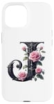 Coque pour iPhone 15 Black Letter J Floral Monogram Initial J Rose Pink Flower